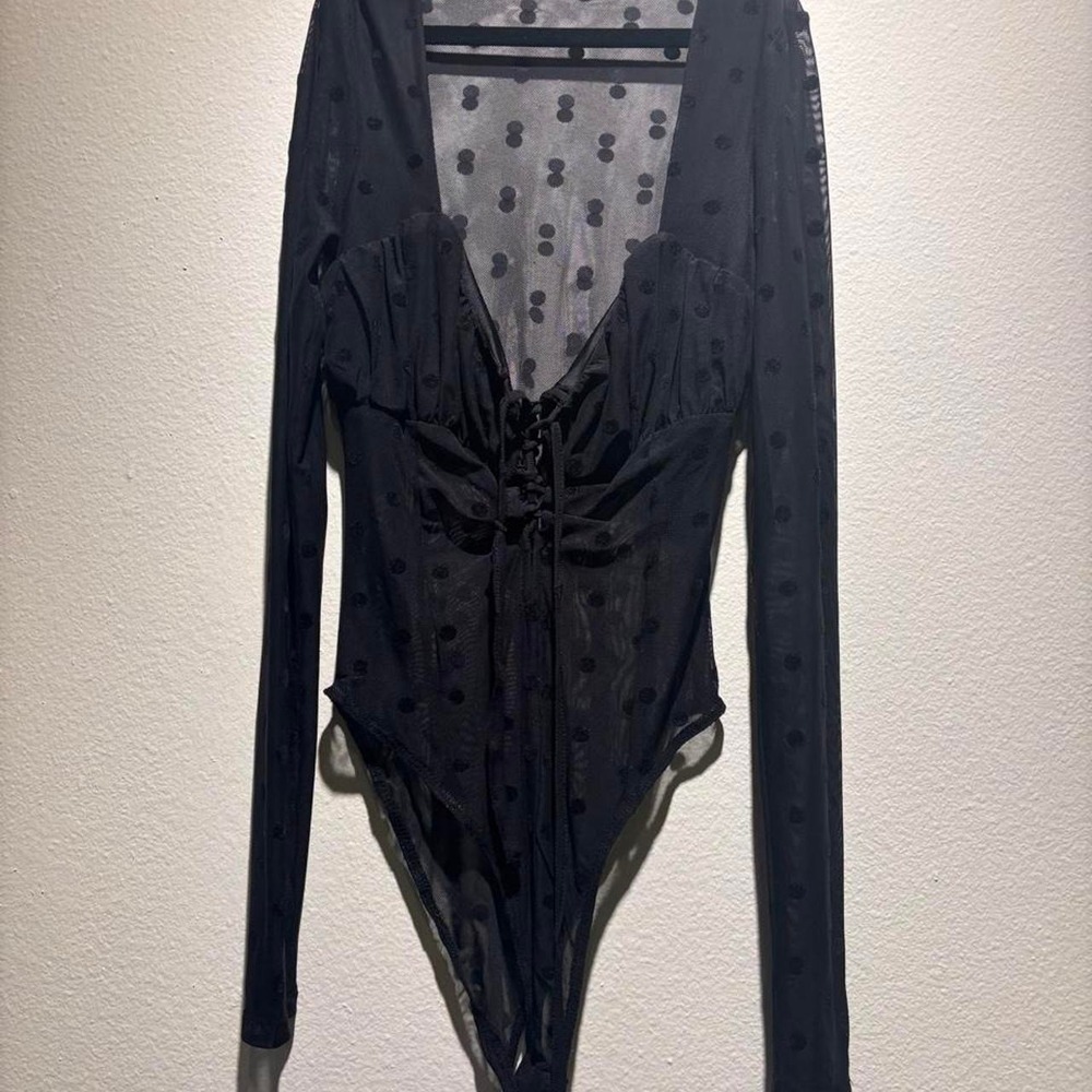 Black polka dot mesh bodysuit with lace up front and sheer sleeves goth discount